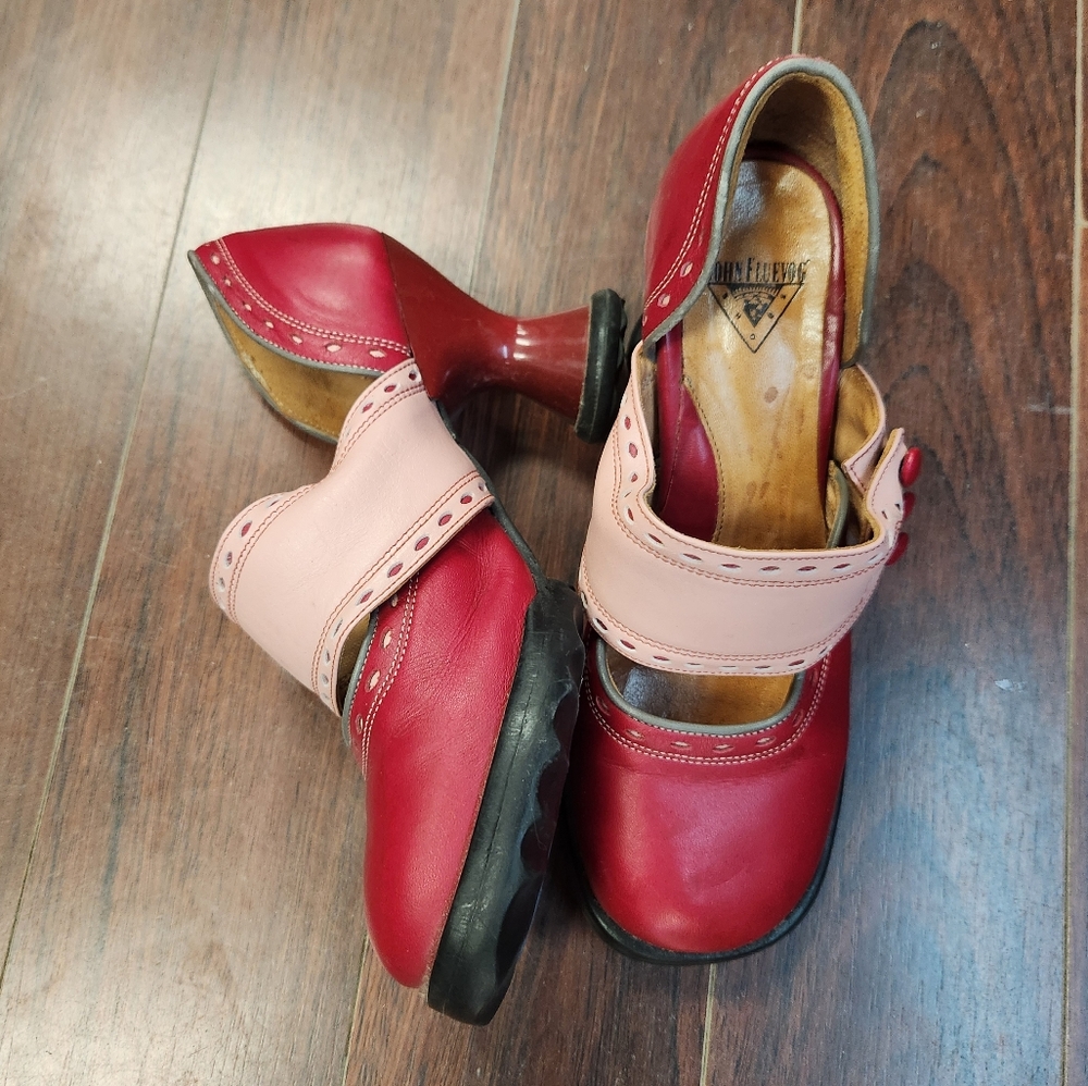 Red and Pink Leather Heels with Ankle Strap